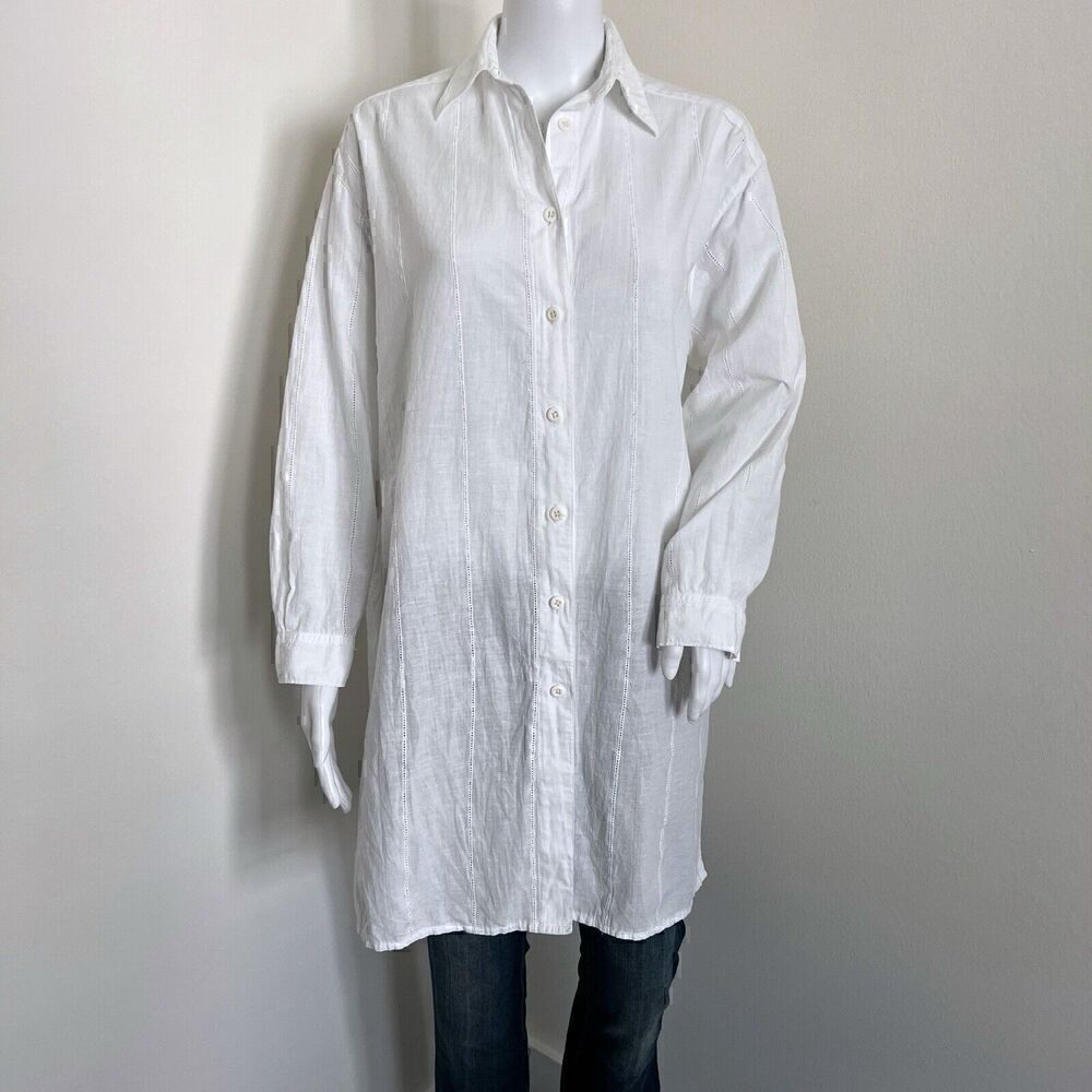 Ada Grimaldi Women's Lagenlook Tunic Size 40 S White Collared Linen Blend Italy